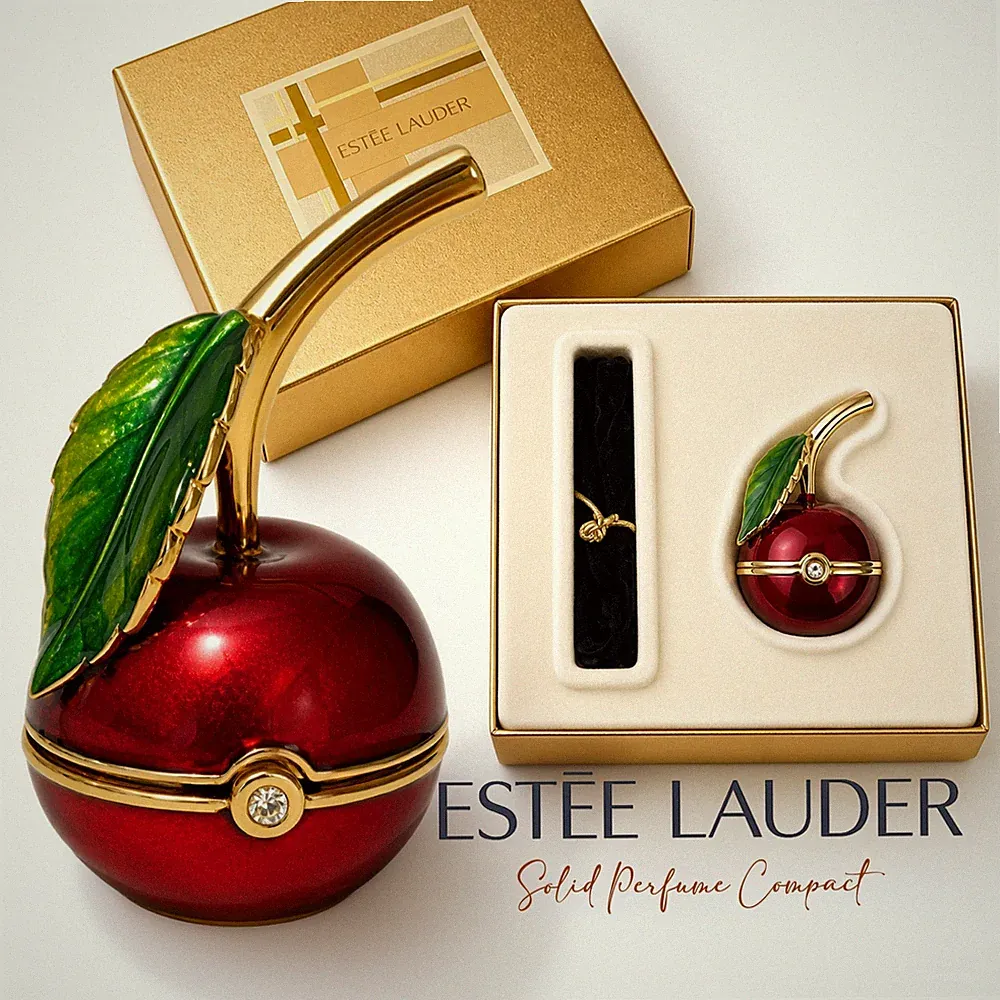 Estee Lauder Beautiful Red Cherry Solid Perfume Compact 2001 Ltd Ed Mint Box