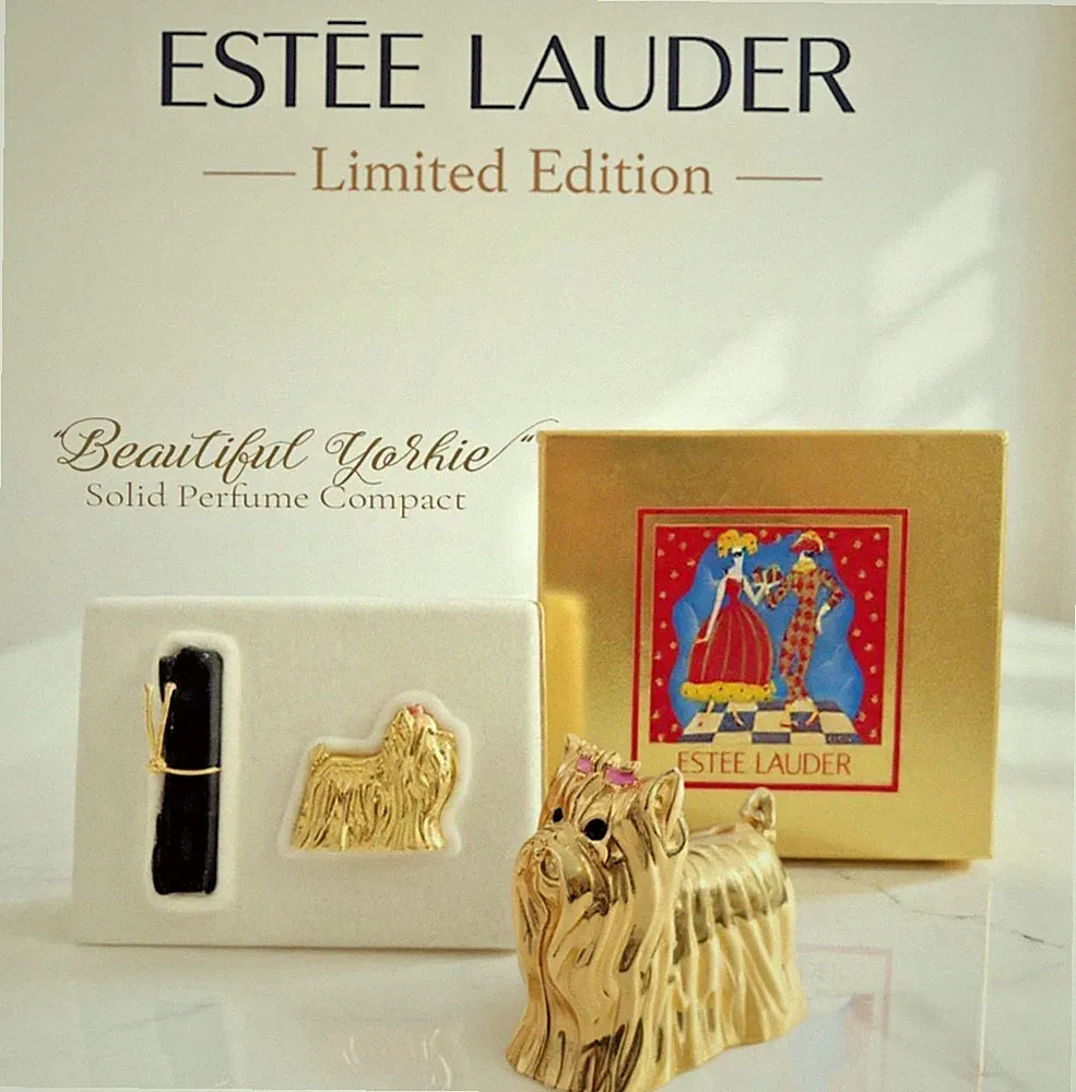 NEW Estee Lauder Beautiful Yorkie Solid Perfume Compact Ltd Ed Box & Pouch MINT